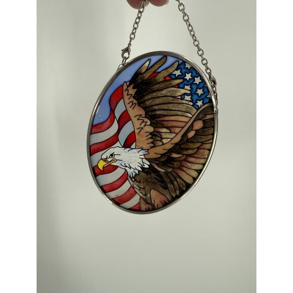 American Eagle Patriotic Sun Catcher Hand Painted With USA Flag AMIA 4.5"X3.2 - Picture 1 of 8